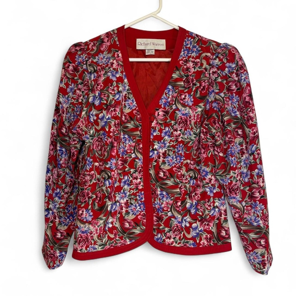 Vintage 100% silk red floral brocade puff sleeve Richard Warren jacket